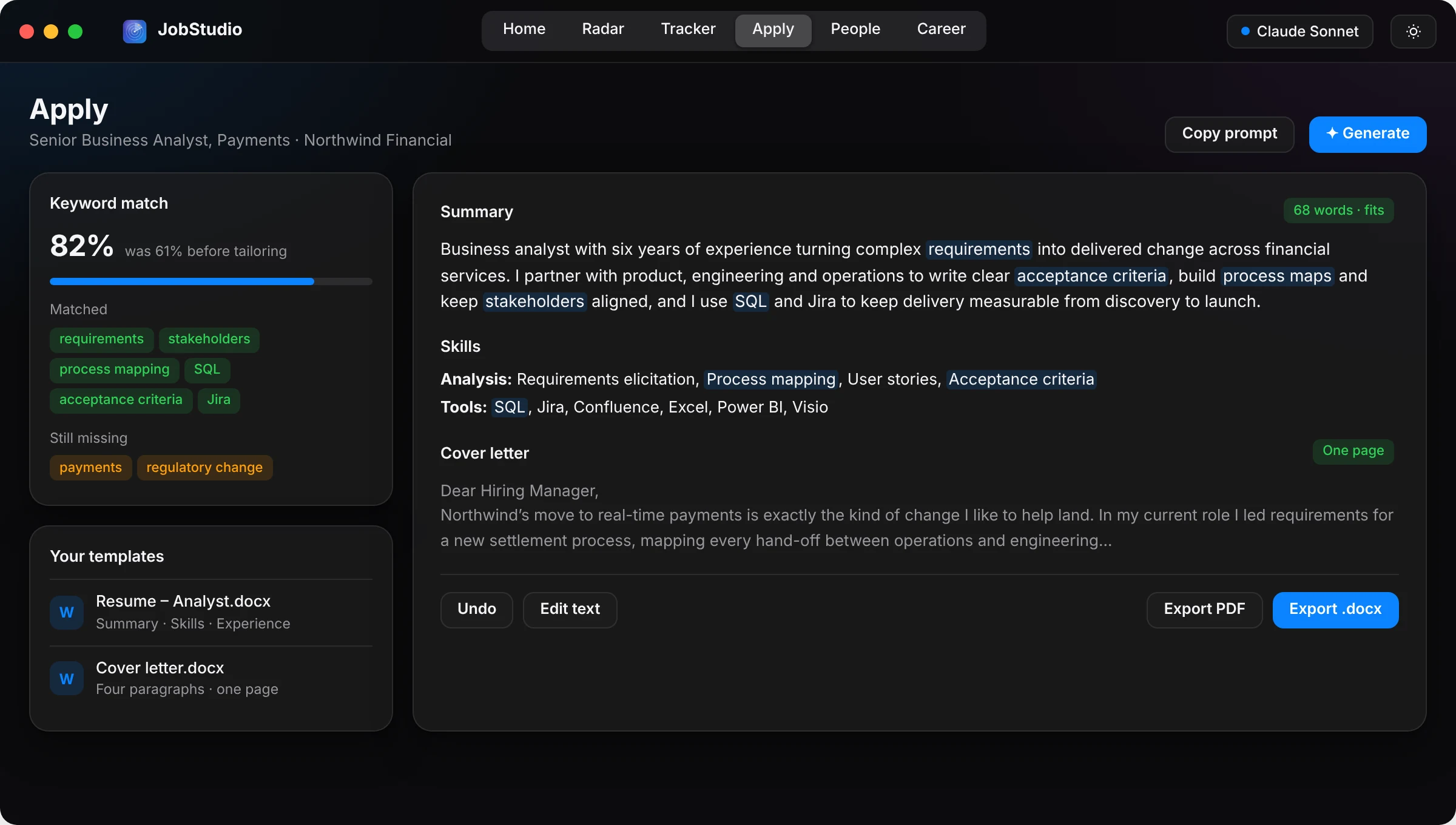 Apply view with a tailored summary and cover letter (dark mode)
