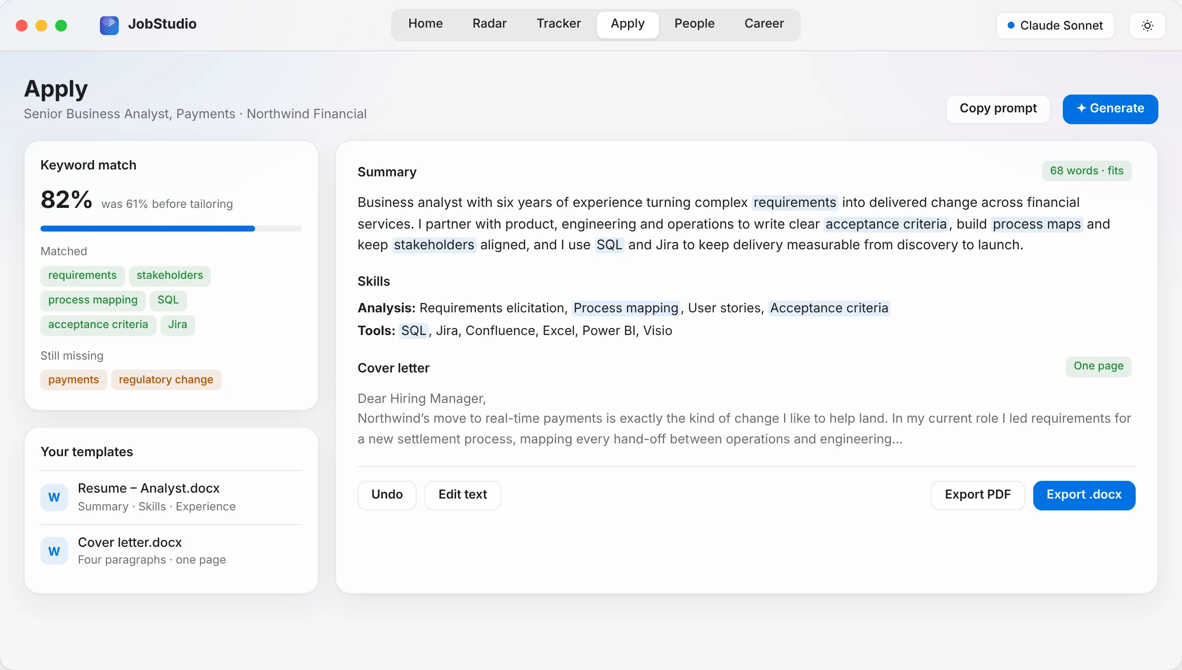 Apply view with a tailored summary and cover letter