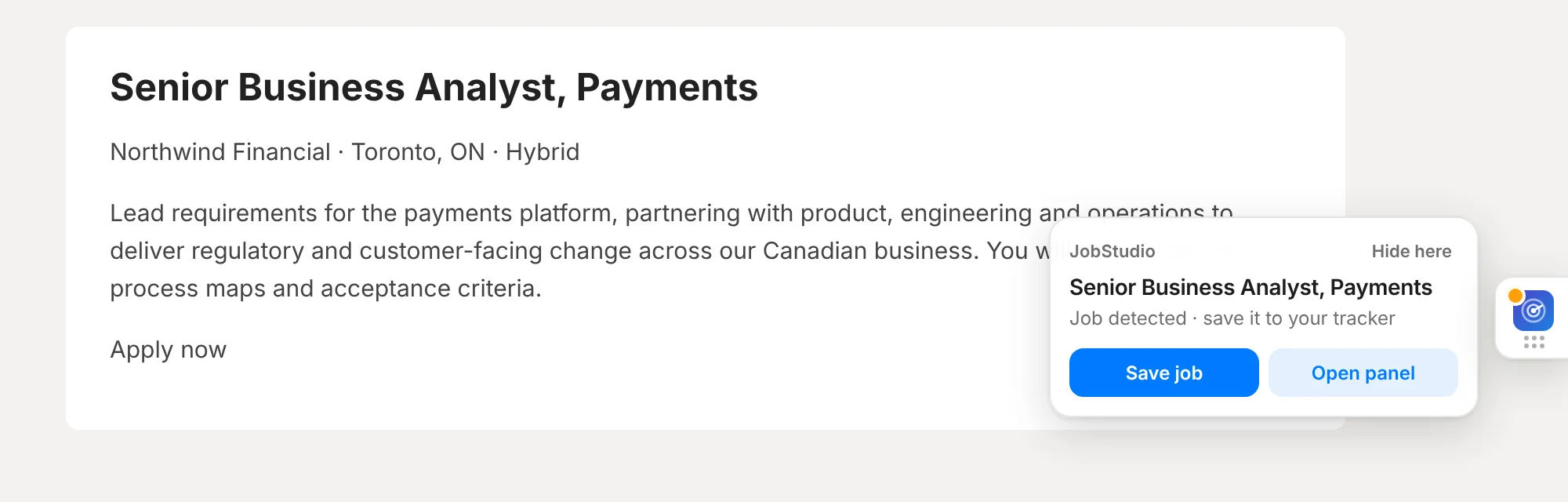 The JobStudio launcher on a job posting, offering Save job