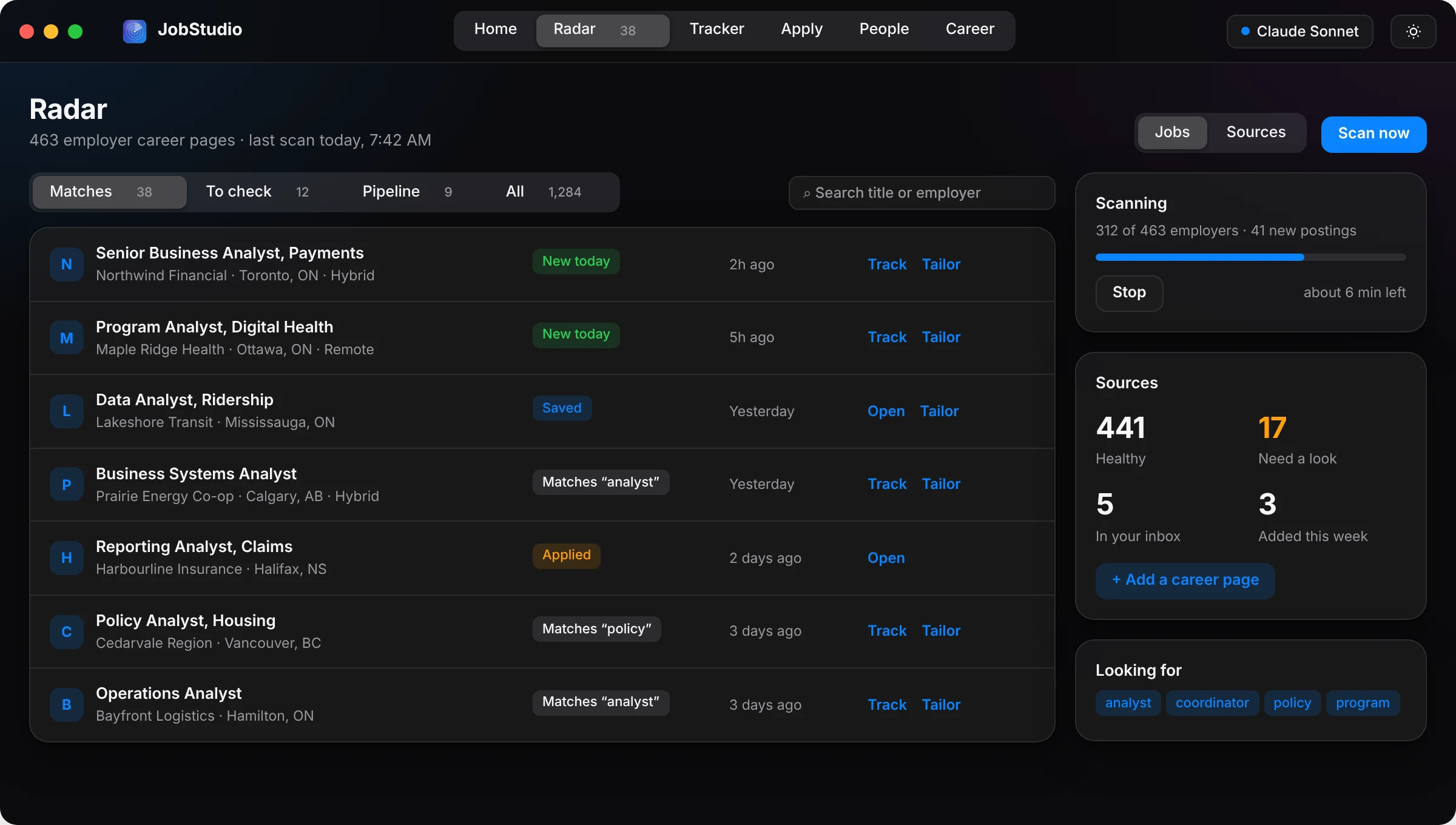 Radar matches list with scan progress (dark mode)