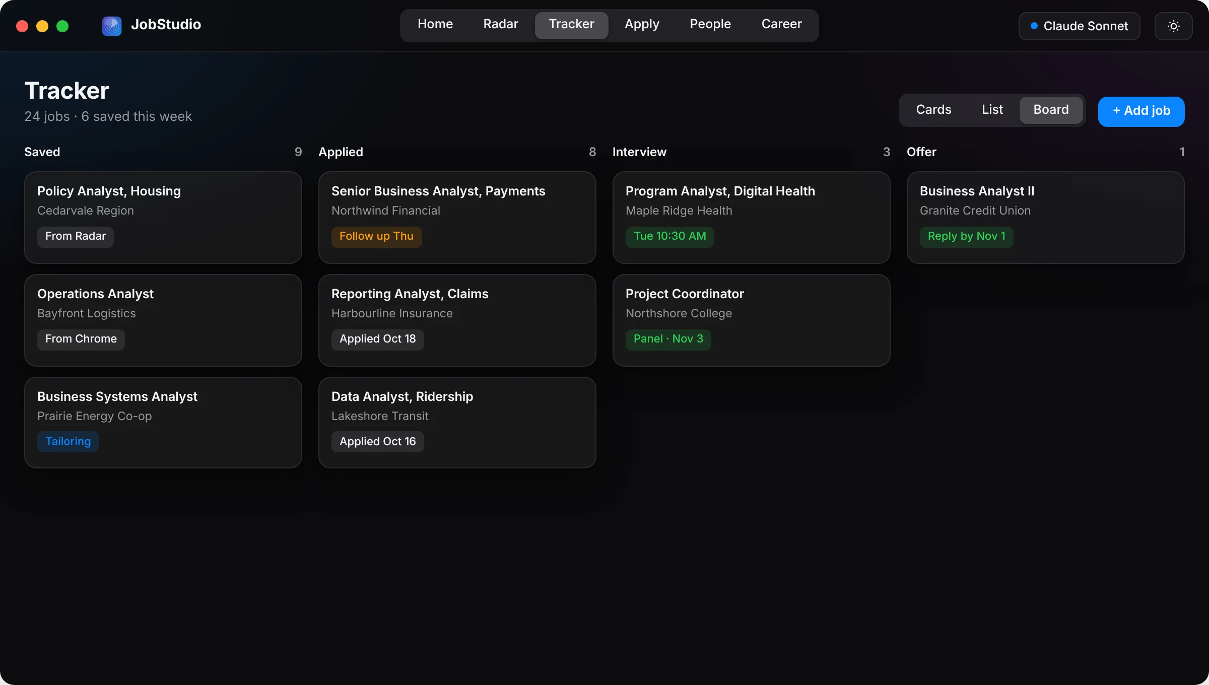Tracker board from Saved to Offer (dark mode)